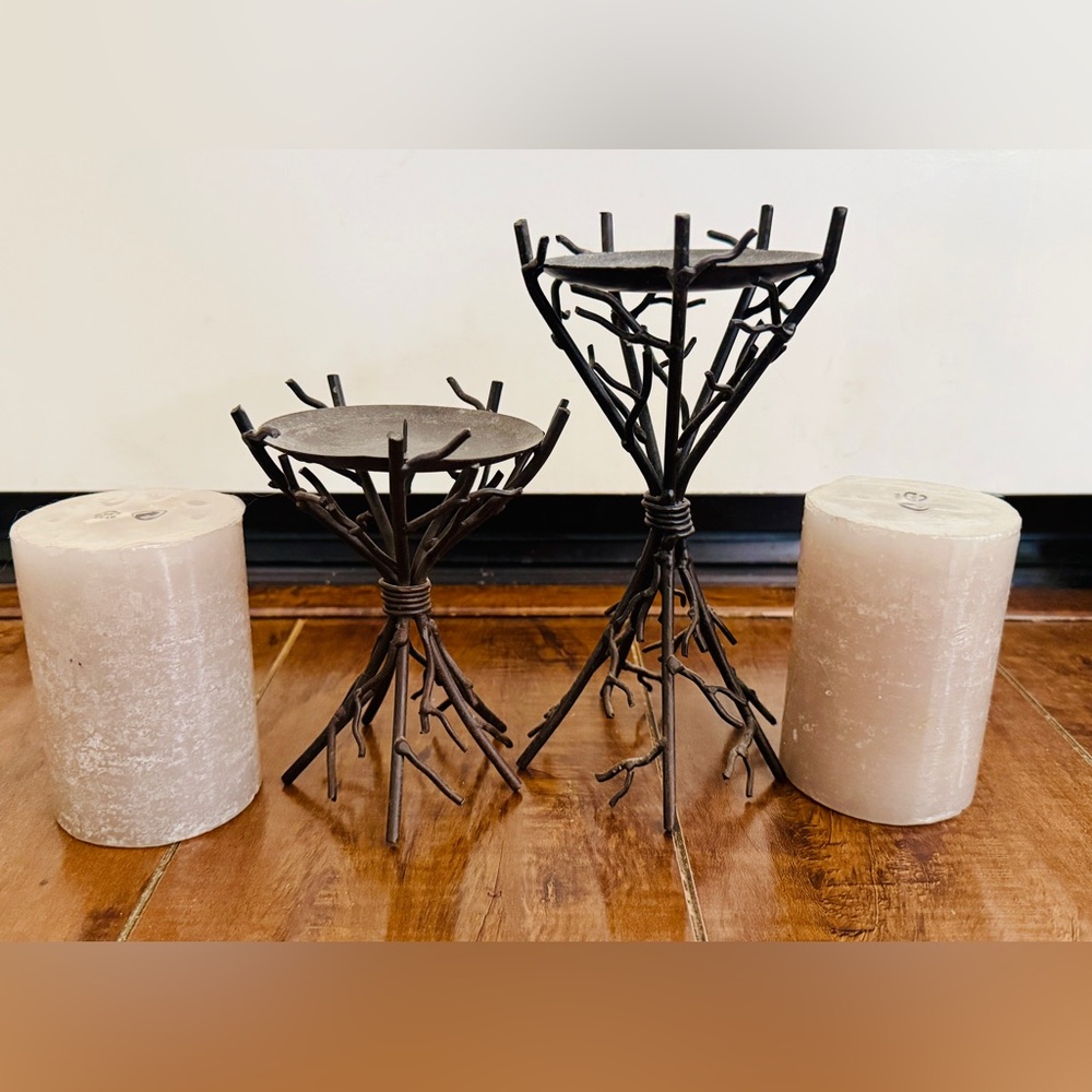 Iron Twig Candle Holders with Beige Pillar Candles